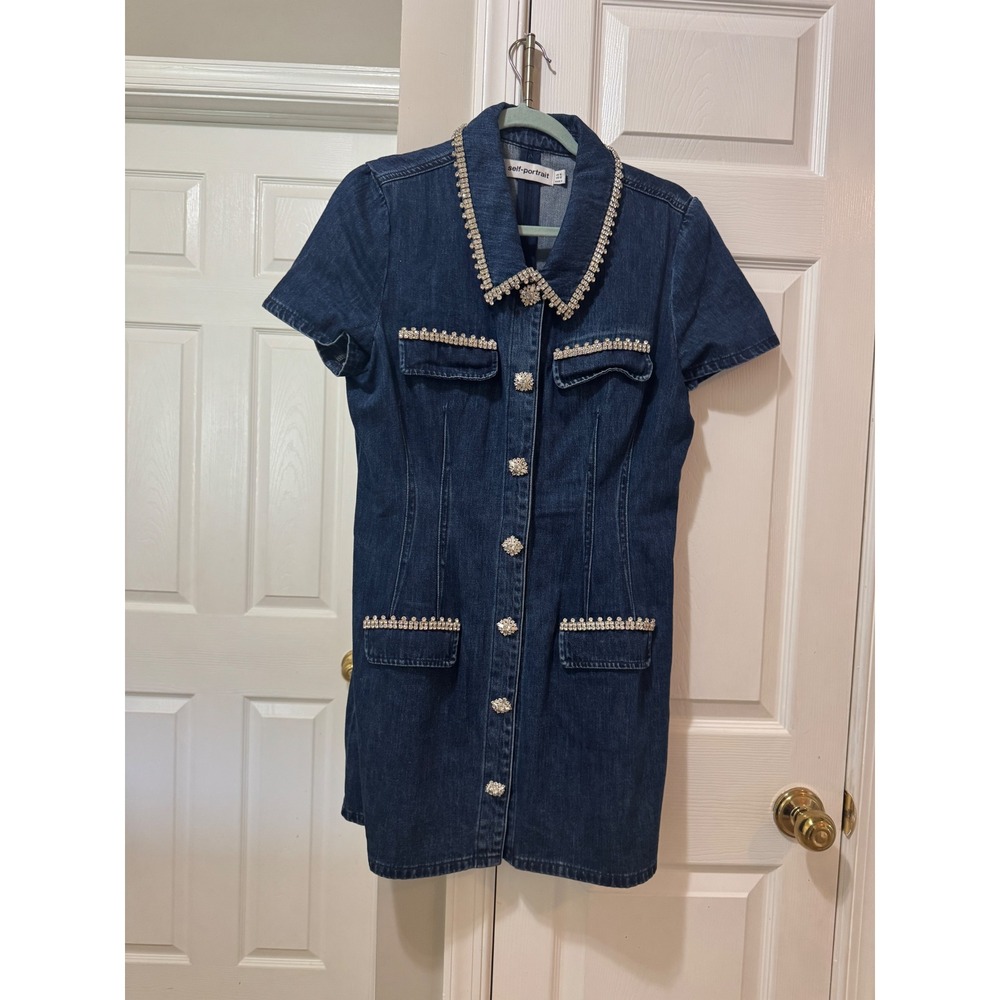 Self-Portrait Rhinestone Trim Denim Mini Dress Dark Wash Crystal Button US 12 - Picture 5 of 12